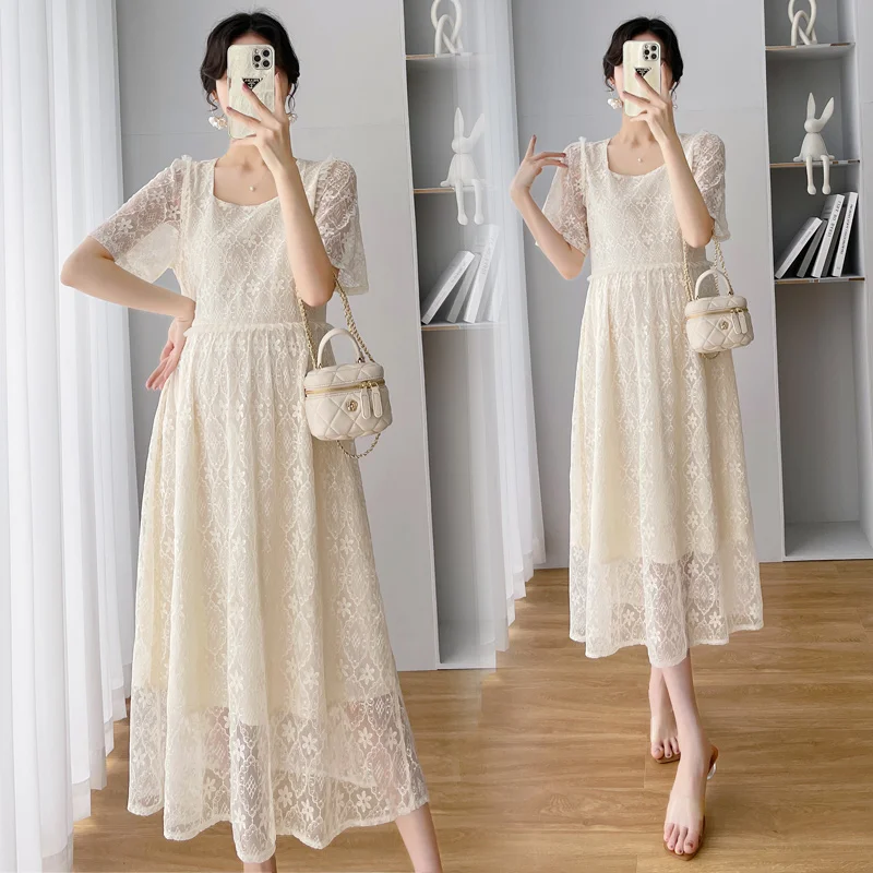 

5118 Summer Fashion Lace Maternity Long Party Dress Elegant A Line Slim Drawstring Clothes for Pregnant Women Pregnancy Clothing