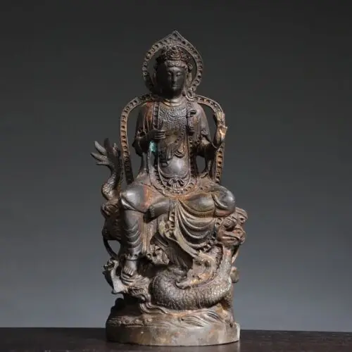 

11.4" Antique Tibet Tibetan Buddhism Temple Bronze gilt Dragon Guanyin Statue
