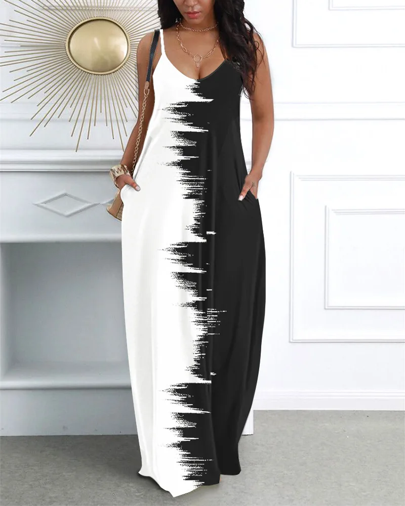 

Женское длинное свободное платье на бретелях, с карманами