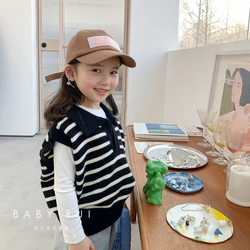 

Модный простой удобный детский хлопковый жилет в полоску с отложным воротником, пуловер без рукавов, Осенний жилет для девочек 2022