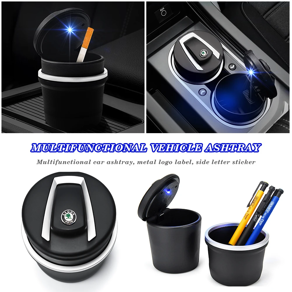 

Car Logo Ashtray LED Light Garbage Storage Cup High Temperature Cigarette Smoke Holder For Skoda Octavia 2 3 Fabia Superb Kodiaq