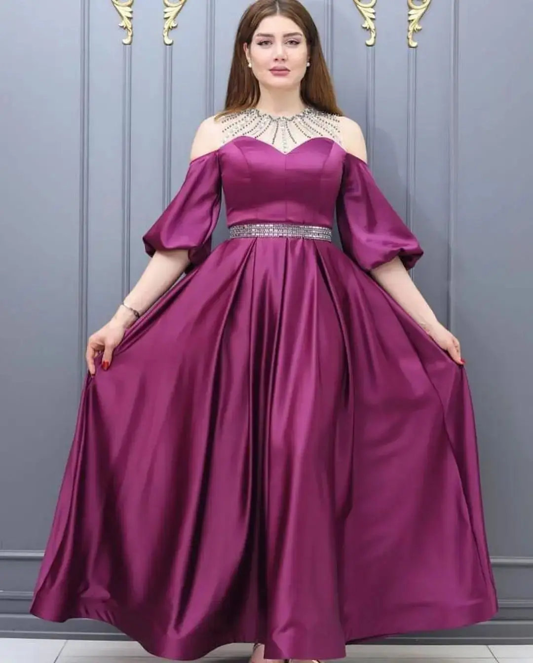 

Romantic A Line Black Satin Evening Dress Off The Shoulder Beads Collar Sweep Train Saudi Arabia Long Party Prom Dresses Dubai