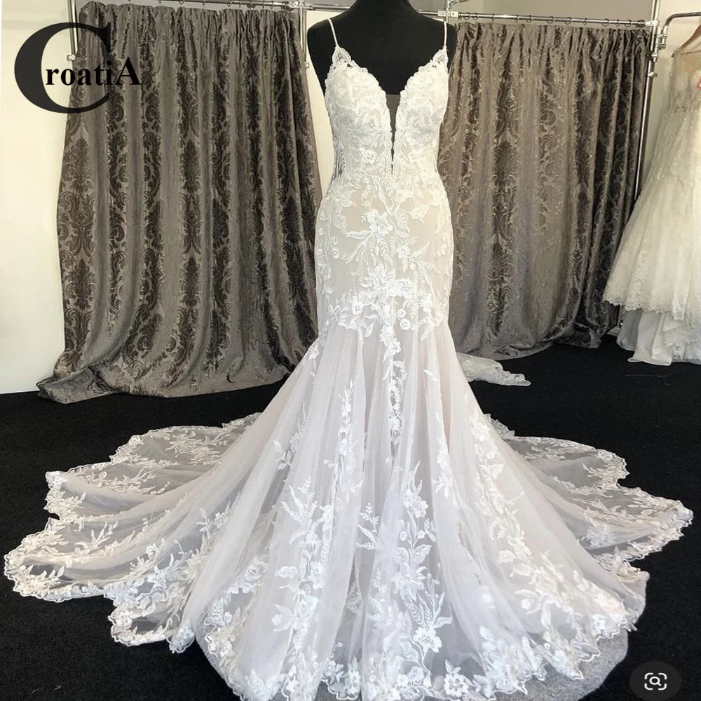 

Croatia Geogeous Wedding Dresses Straps Mermaid Deep V-Neck New Vestido De Noiva Gelinlik Dubai Bridal Engagement Robe Mariee