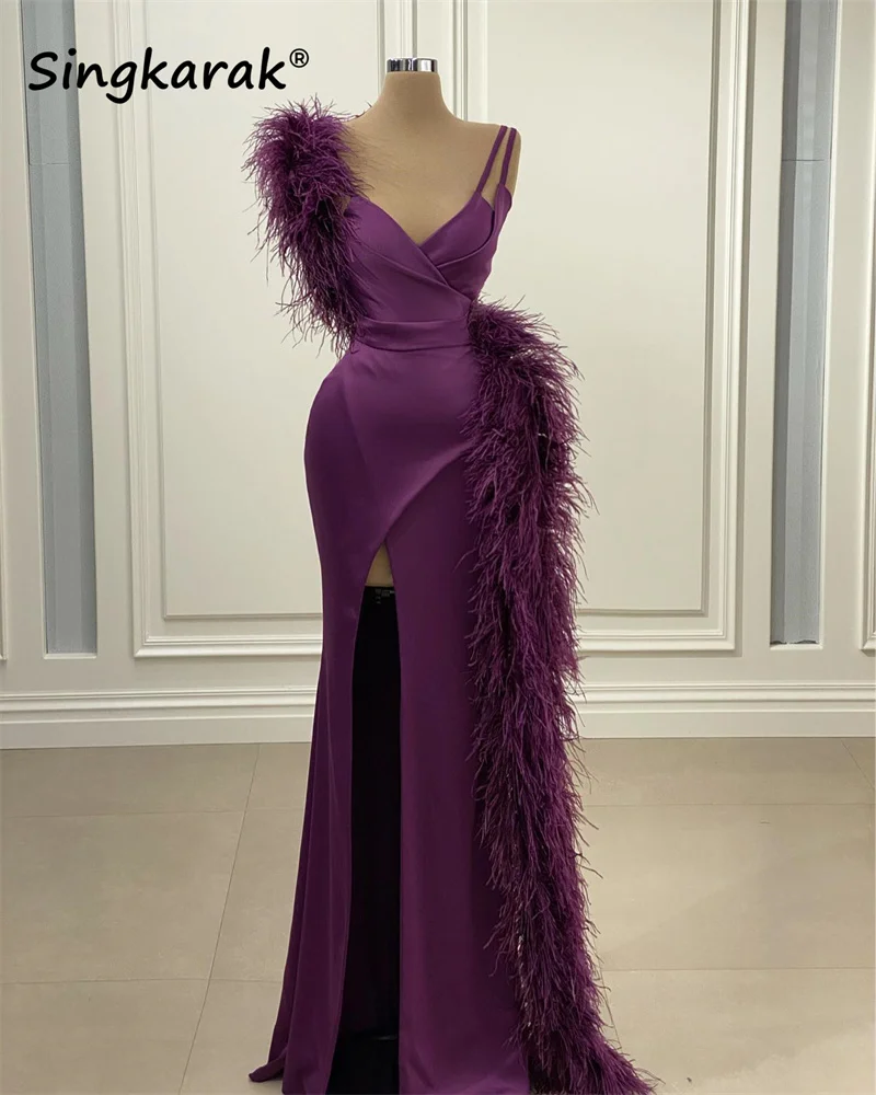 

Luxury Feathers Dubai Arabic Evening Dresses 2023 Wedding Party Muslim Prom Gowns Robes De Soirée