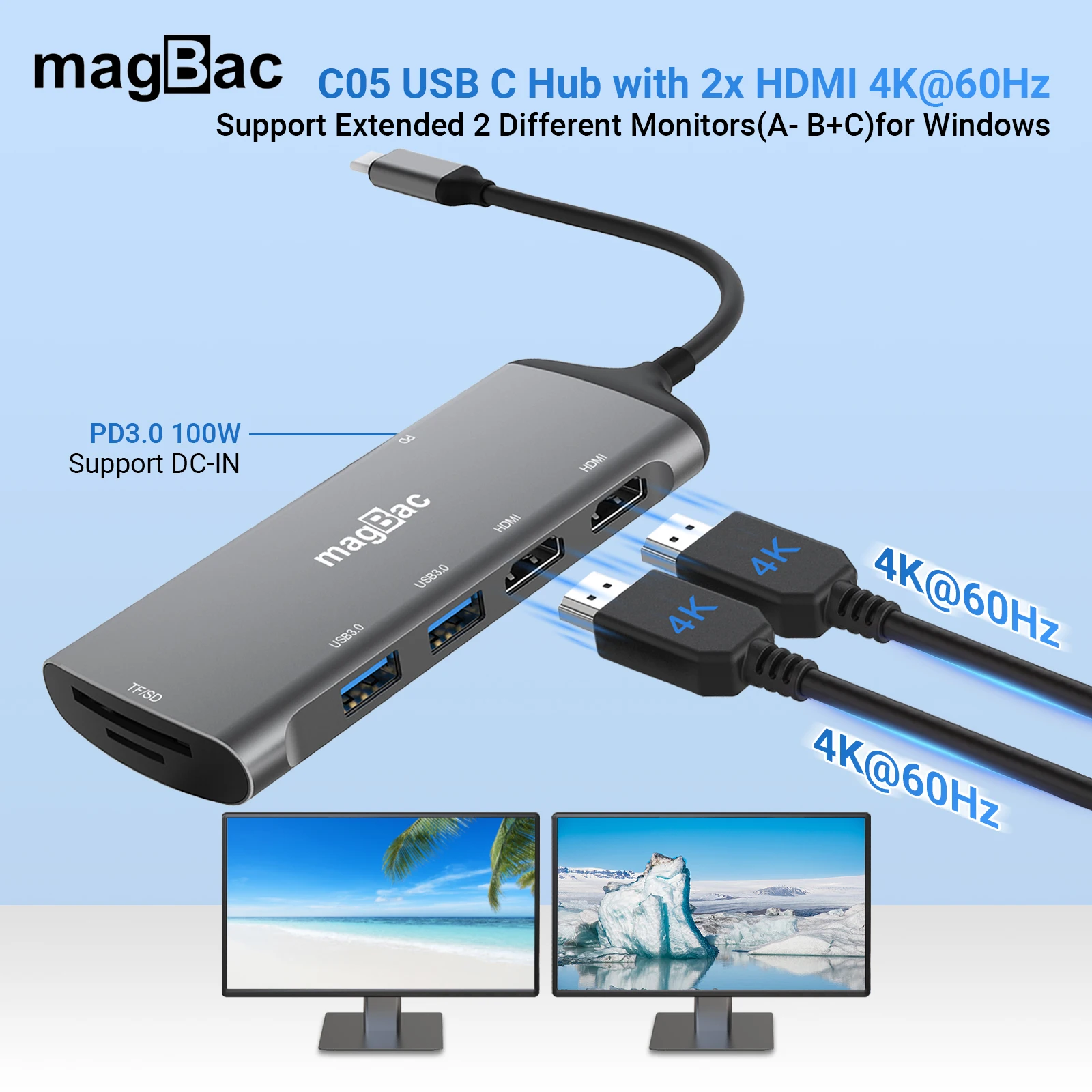 

magBac USB Multiple Ports Extend Dual Monitor 4K 60Hz HDMI USB C Hub PD3.0 Type C Dock for Macbook Pro Air Xiaomi Lenovo HP DELL