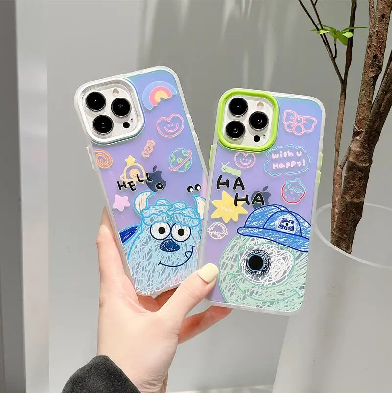 

Cartoon Graffiti Michael Wazowski Laser Phone Cases For iPhone 13 12 11 Pro Max XR XS MAX X Couple Fashion Anti-drop Soft Cover