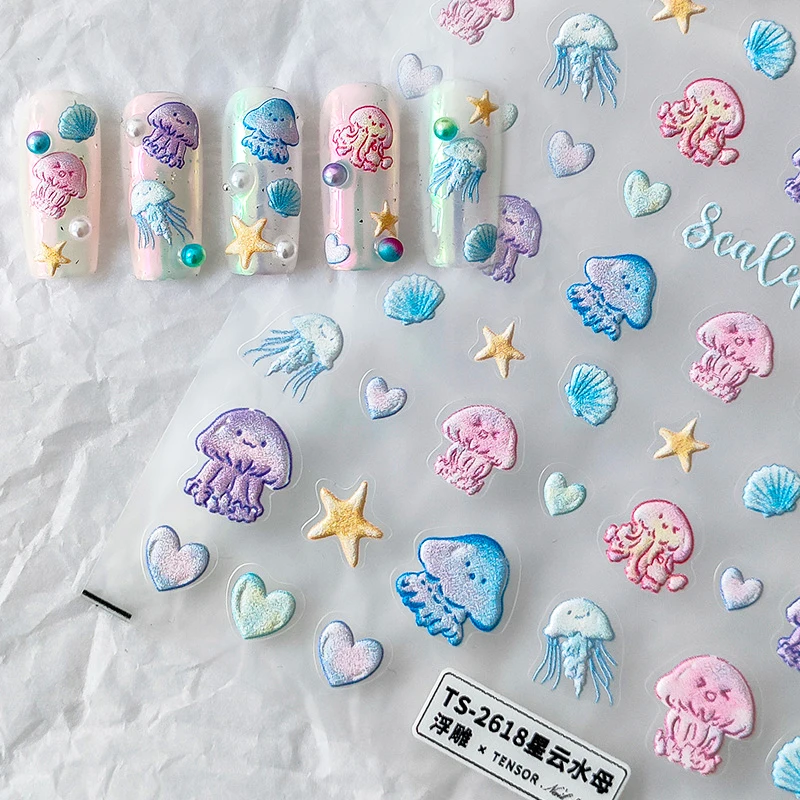 

Милые Мультяшные Медузы Звезды Любовь Сердце 5D мягкие рельефы самоклеящиеся наклейки для ногтей цветные оболочки 3D наклейки для ногтей Сделай Сам скалеф