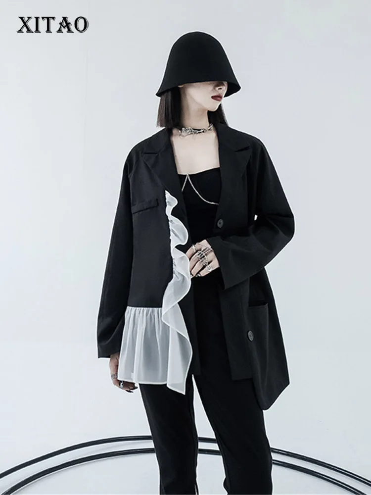 

XITAO Mesh Ruffle Blazer Fashion Patchwork Small Fresh Full Sleeve Goddess Fan Single Breast 2022 Autumn Loose Coat WLD8586