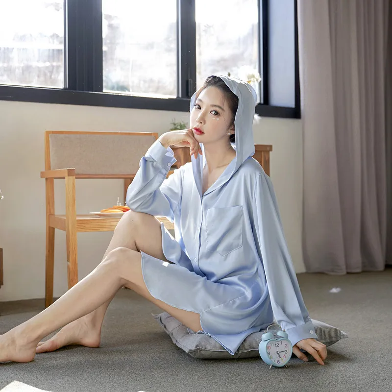

Pajamas Women's Sleepwear Hooded Long Sleeve Sexy Boyfriend Style Shirt Nightdress Single-breasted Mini Home Dress for Women Pj