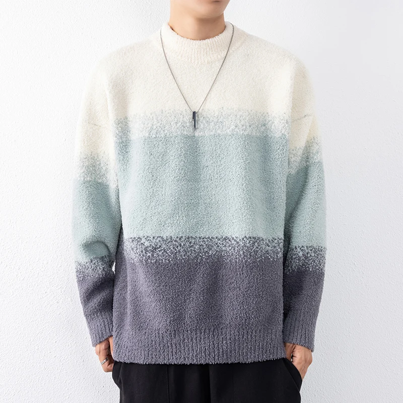 

Men's Fashion Winter Jumpers Half Turtleneck Collar Mixed Color Youth Korean Style Slim Fit Pullovers Hommo Breathable Sweater