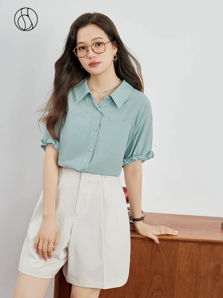 

DUSHU Office Lady Solid Thin Elegant Short Sleeve Blouses 2023 Summer New Loose Polo Neck Women Shirts Pocket Decoration Tops