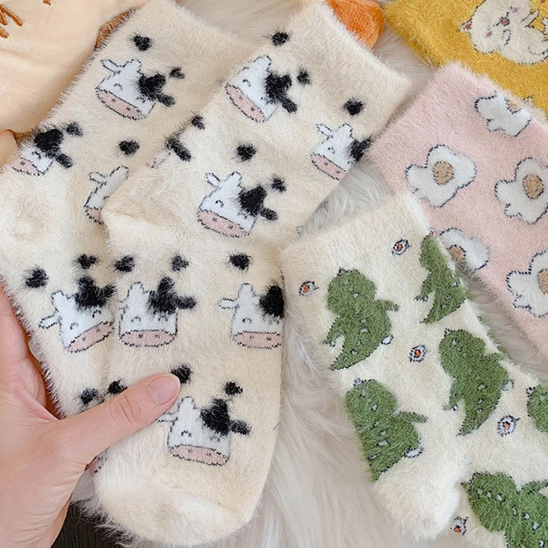 

1/2pairs Women's Thicken Winter Plus Velvet Ins Net Red Cartoon Female Tube Socks Lovely Day Warm Girls Cute Sleeping Hosiery