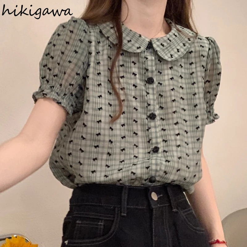 Женская шифоновая блузка с рукавами-фонариками и круглым вырезом