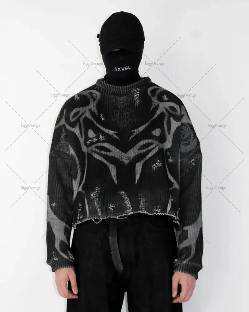 Готический панк-индивидуальный вышитый черный свободный свитер с длинными