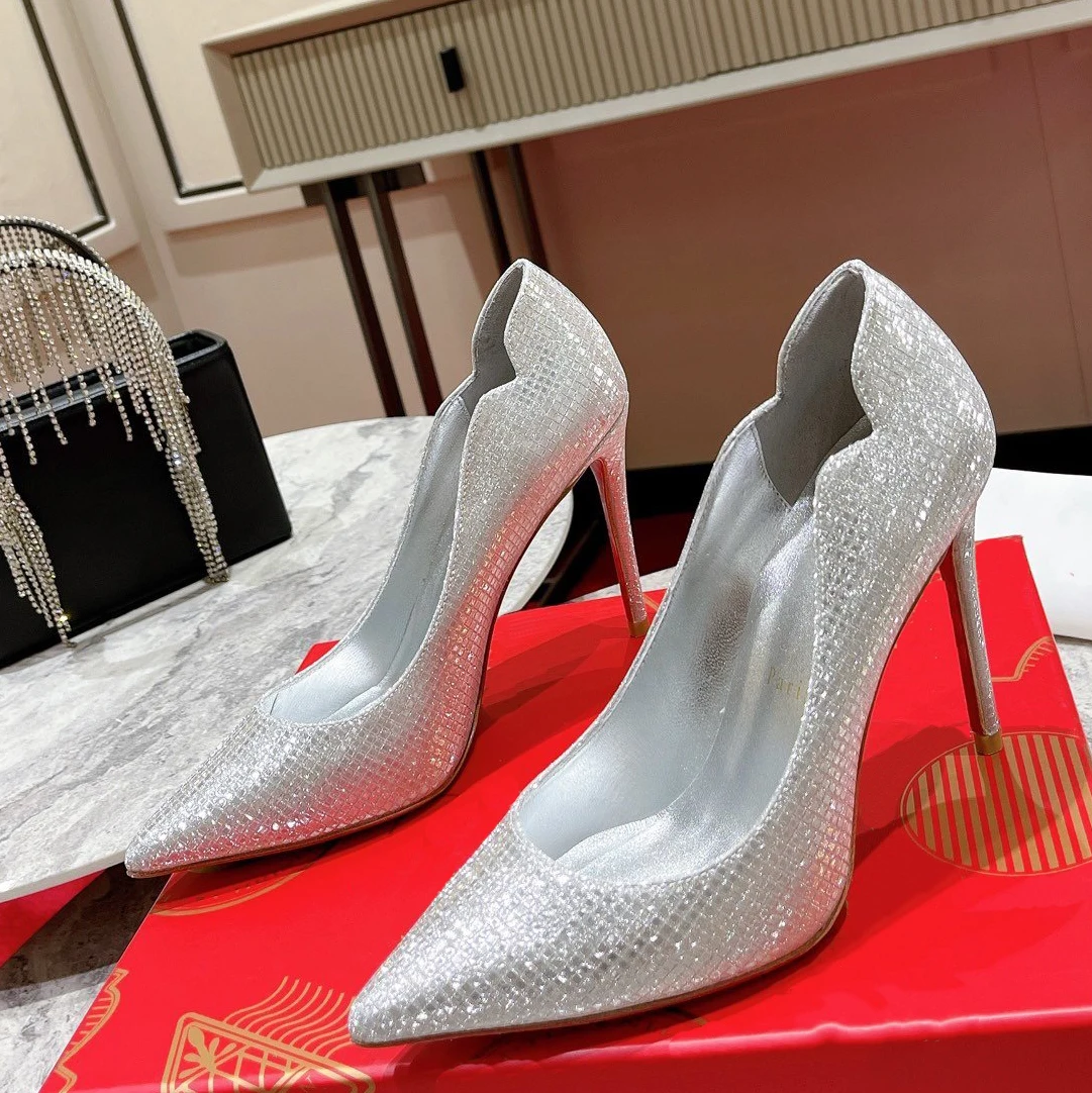

Top Quality Womens High Heels Luxury Fashion Ladies Crystal Glisten Red Sole Shoes Classic Retro Designer 0-12cm High Heel 1228