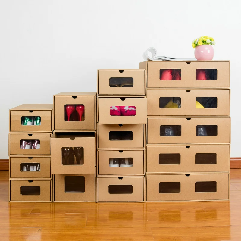 

NEW Kraft Paper Shoe Boxes DIY Multifunction Foldable Eco-friendly Drawer Stackable Dust-proof Boots Organizer Case Shelf Stack