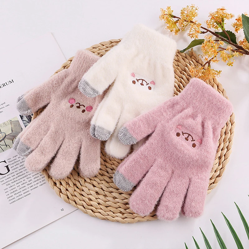 

1Pair Winter Warm Plush Gloves Cute Student Japanese Girl Smile Knitted Gloves Five Finger Gloves