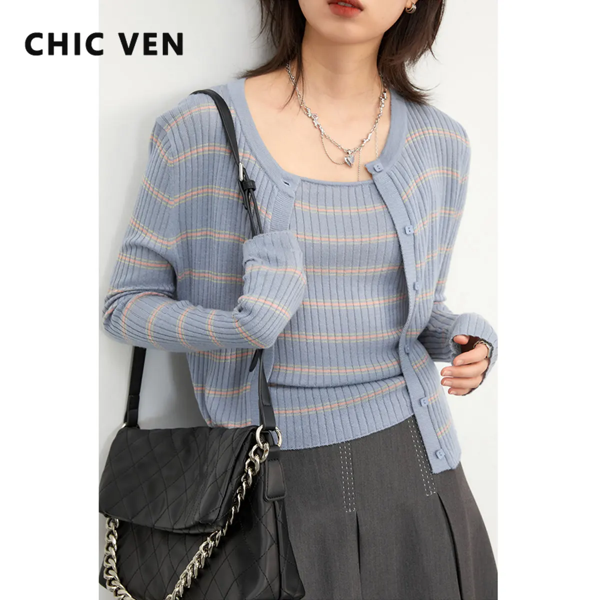 

CHIC VEN Women Cardigans Korean Casual Loose Contrast Stripe Knitted Camis Female Tops Women's Sweaters Spring Summer2023