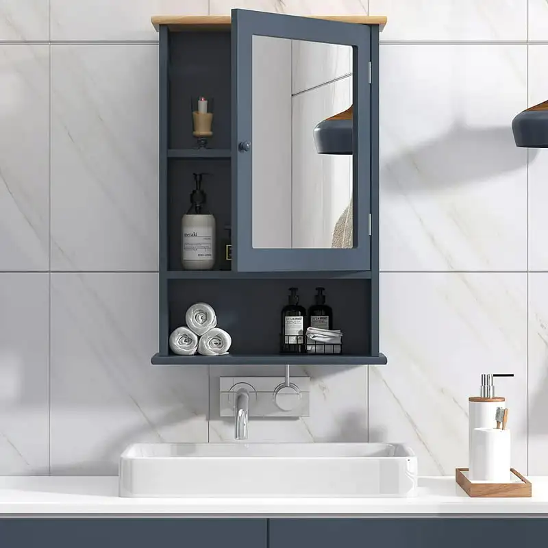 

Wall Mirror Cabinet 3 Tier Hanging Medicine Cabinet with Door and Open Shelf, Wall-Mounted Storage Cabinet for Bathroom, Gray