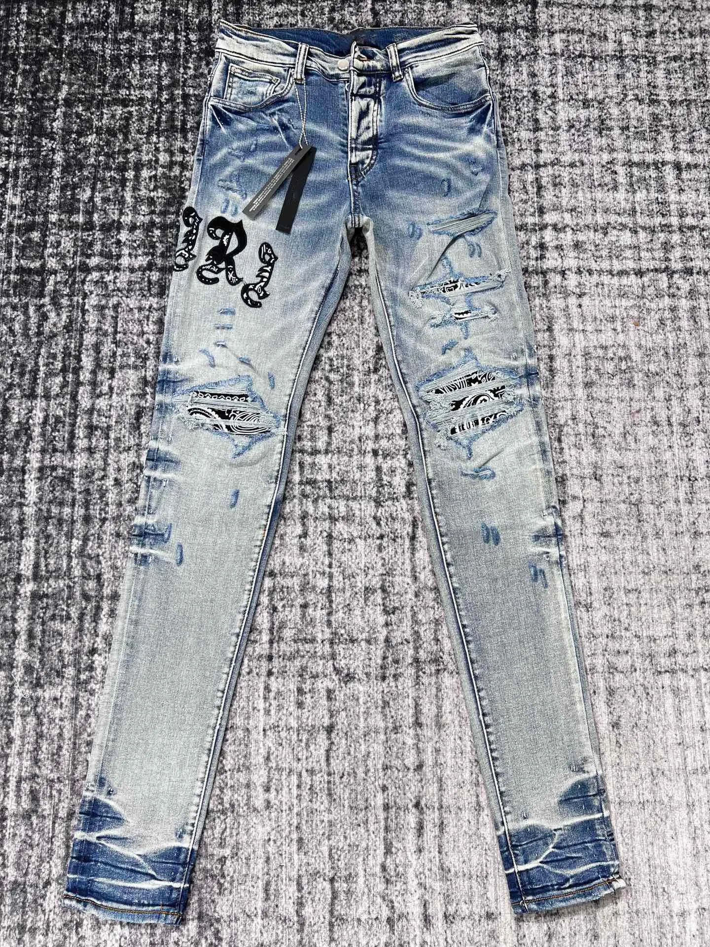 men paisley patch distressed skinny jeans