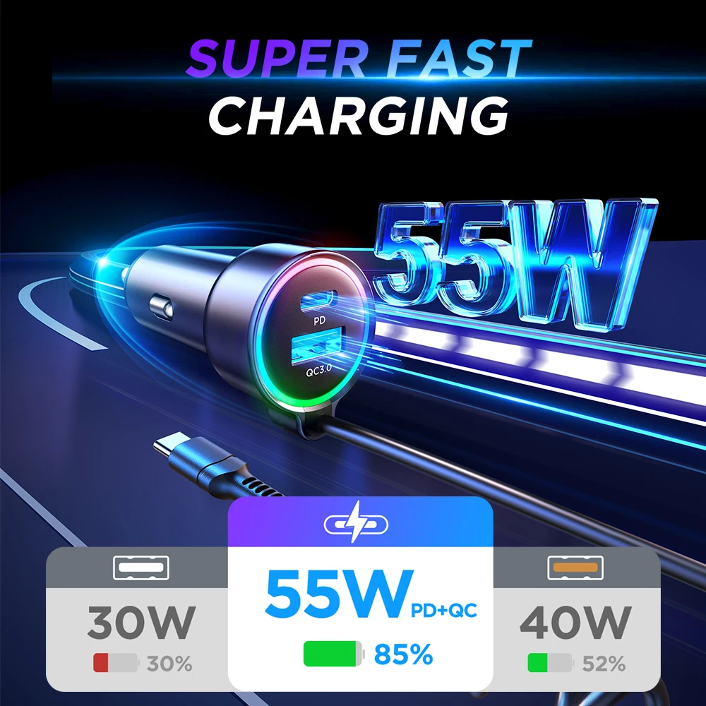 Joyroom Fast USB C Car Charger, 55W 3-Fast Port Super Quic Car Charger PD& QC3.0 with 1.5m 30W Super Fast Type C Coiled Cable