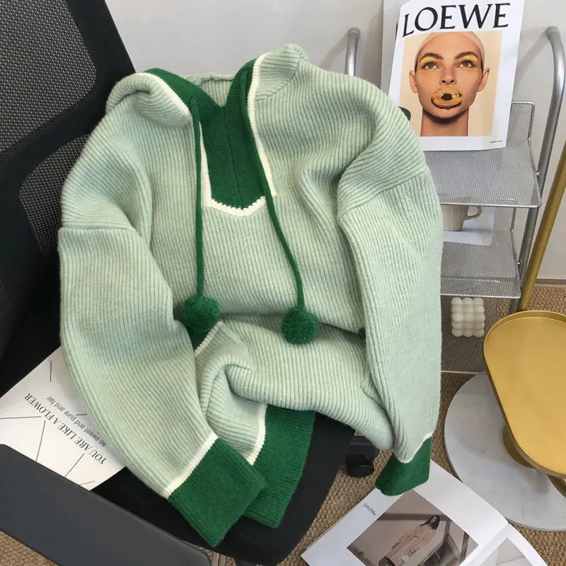

DUOFAN Hoodie Sweaters Women Korean Style Chic Green Pullovers Fashion Simple Autumn Winter Long Sleeve Loose Warm Knitwear