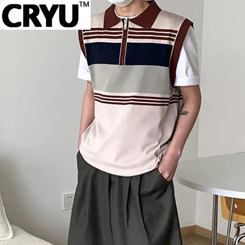 

CRYU Men's Trendy Sleeveless Knitting Vests Men's Summer Korean Loose Turn-down Neck Stripe Top 2023 New Pullover 9A8349