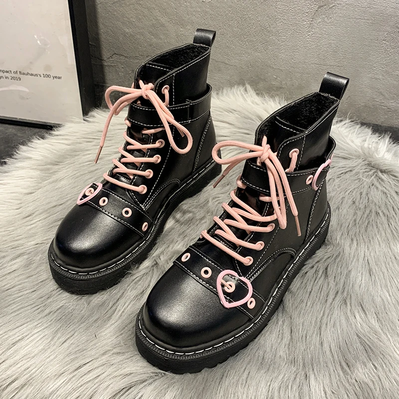 

Sweet Heart-Shaped Platform Ankle Boots Women Mix Color Lace-Up Motorcycle Boots Woman Autumn Winter Pu Leather Punk Botas Mujer