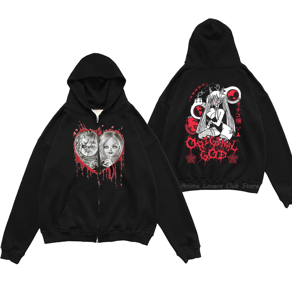 

Women Zip Hooded Sweatshirt Gothic Zipup Jacket Skeleton Duplex Printing Jackets Black Long Sleeve Sweatshirts Harajuku Men
