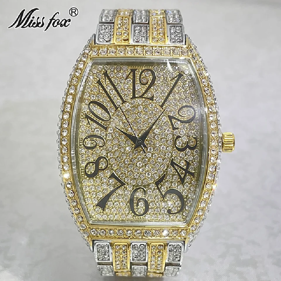 

Hip Hop Brand MISSFOX Gold Watches Men Luxury Iced Out Waterproof Wrist Watch Full Diamond AAA Clocks Gift For Man Reloj Hombre