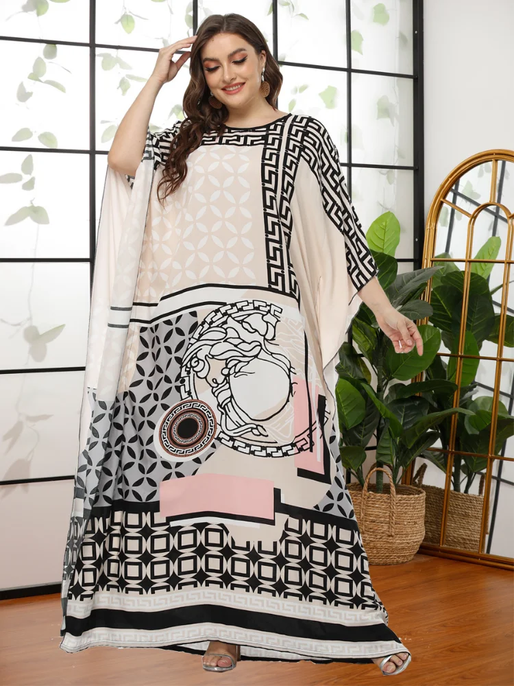 Ramadan Arabic Dresses For Women Print Bat Sleeve Maxi Dress 2022 Casual Loose Oversized Religious Robes Feminine Clothes