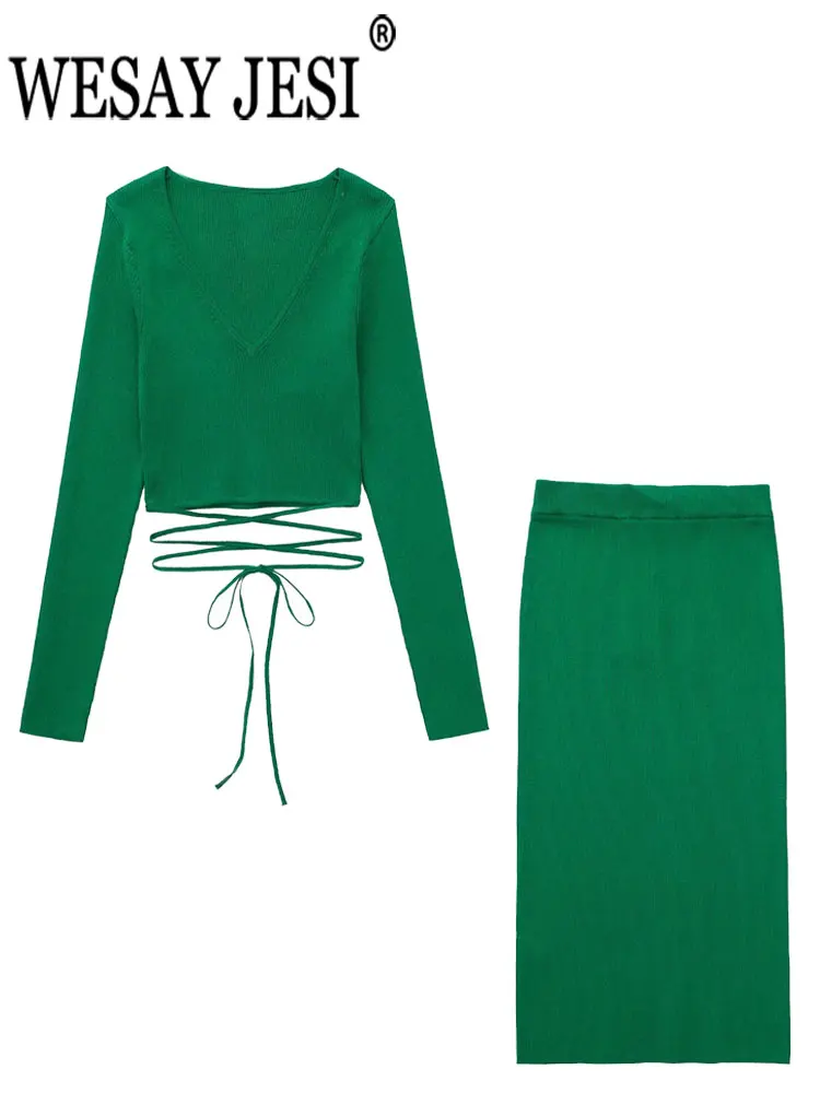 

Женский трикотажный костюм с юбкой WESAY JESI, облегающий пикантный Топ с длинным рукавом и V-образным вырезом и юбка миди с высокой талией, Модны...
