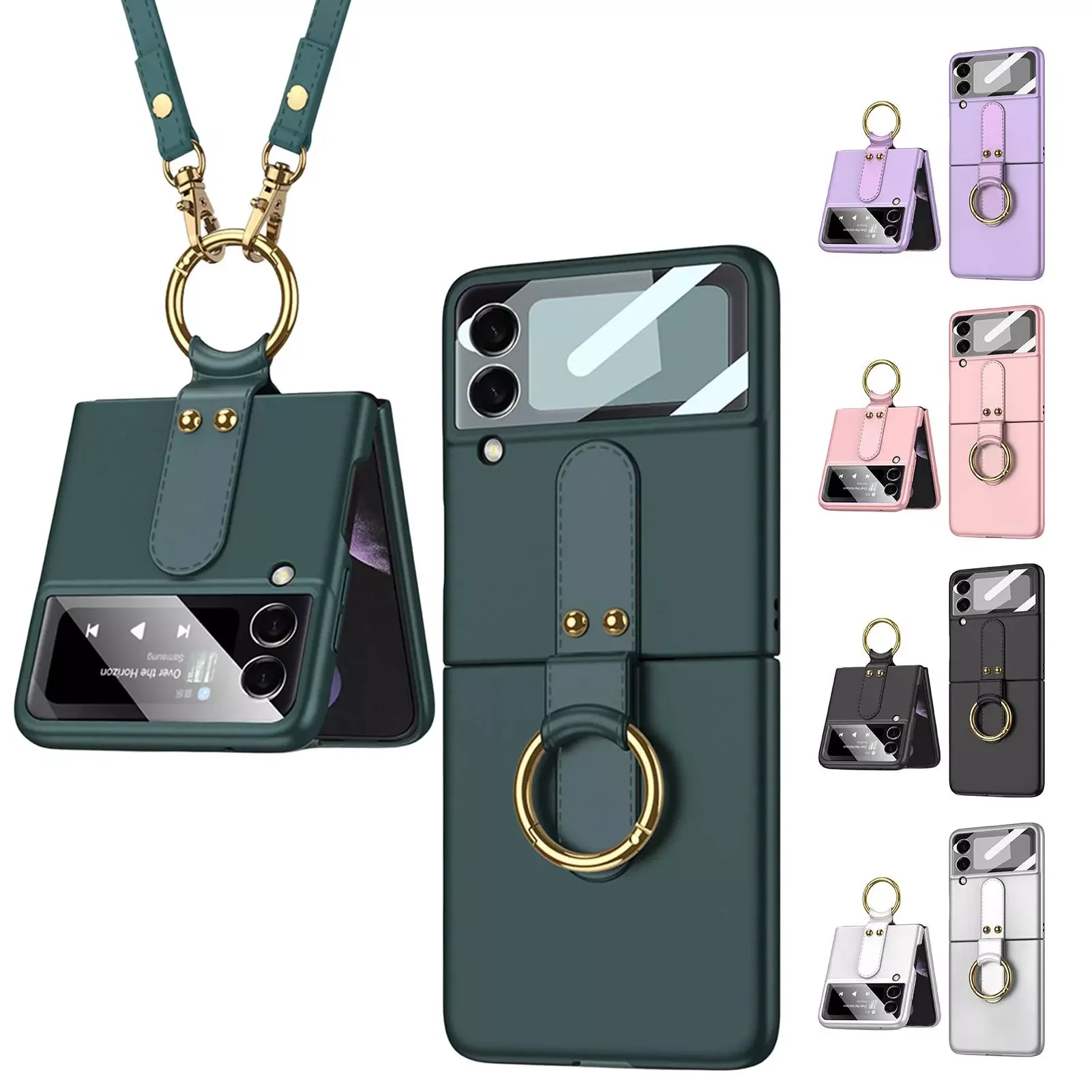 Phone Case  Galaxy Z Flip3 5G Cell Phone Protective Cover Shockproof Folding Shell With Ring Wide Shoulder Strap Capa