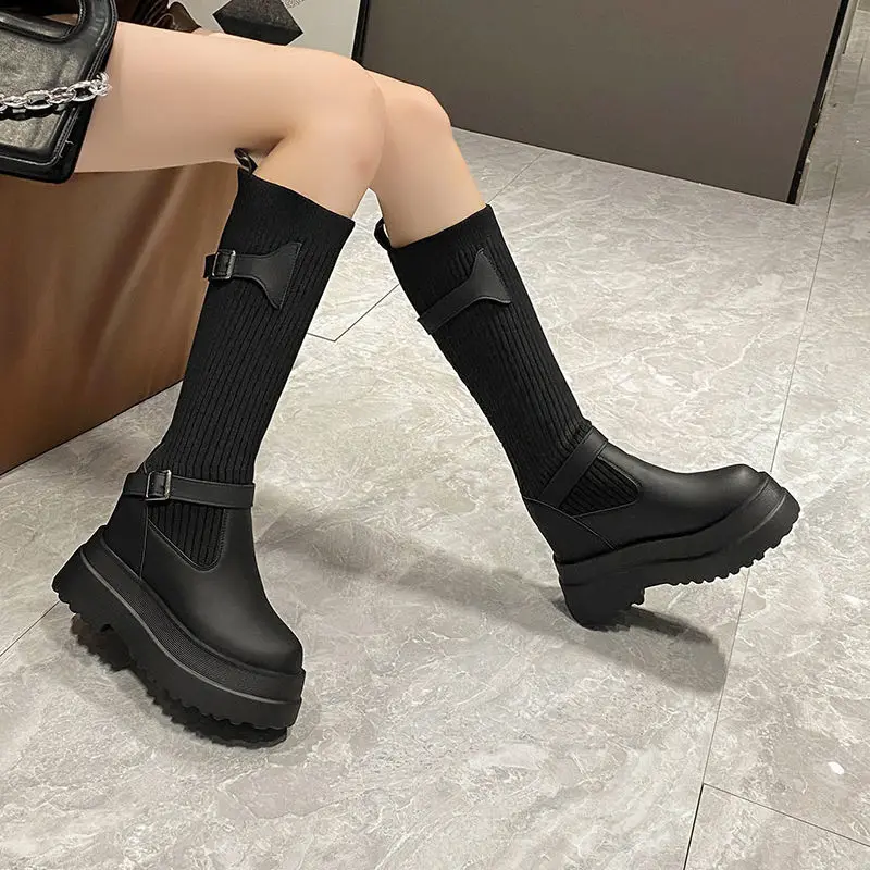 

Женские сапоги до колена на платформе, из искусственной кожи