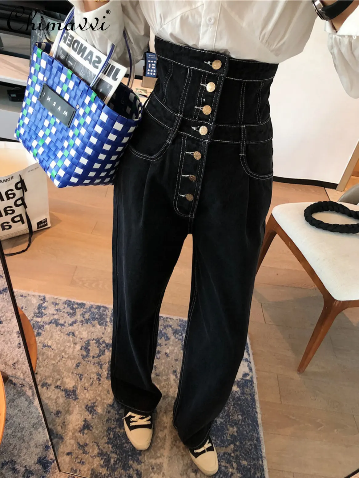 

Flanging Waist Trimming High Waist Straight Jeans Women 2022 Autumn Fashion Elegant Streetwear Simple Solid Wide-Leg Denim Pants