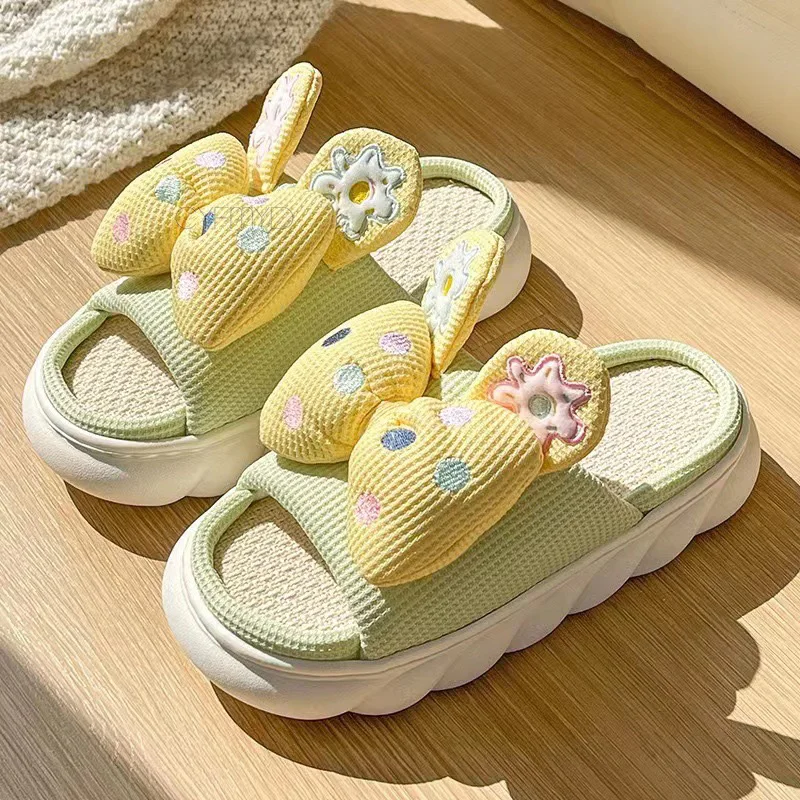 2022 New All Senson Bedroom Slippers for Women's Sweet Butterfly-Knot Cotton Linen House Slides Thick Sole Women Indoor Slippers