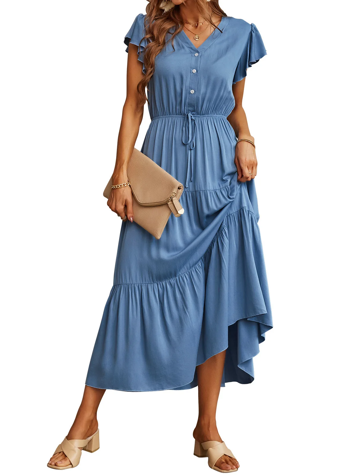 Женское платье с V-образным вырезом длинным рукавом и