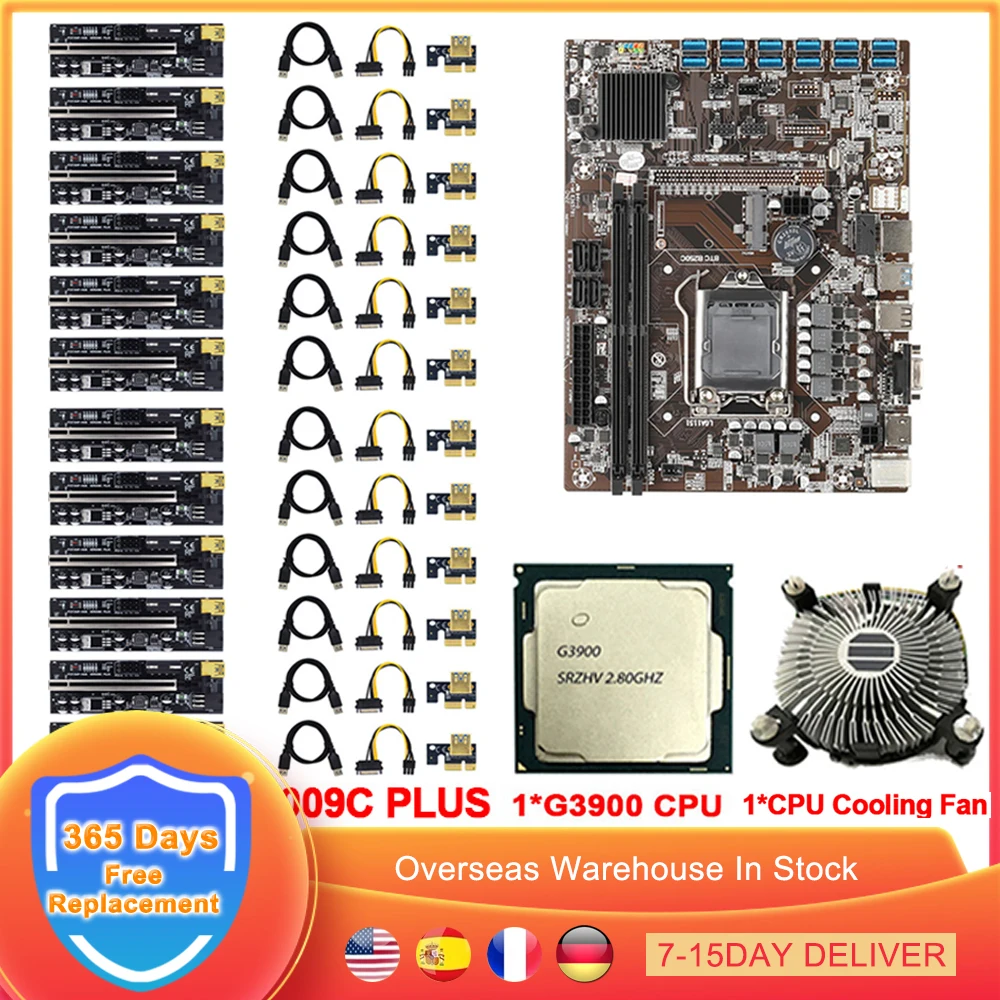 

BTC B250C Mining Motherboard Set G3900 CPU 009C PLUS PCIE Riser DDR4 LGA 1151 12 USB3.0 To PCIE x16 GPU Graphics Card ETH Miner