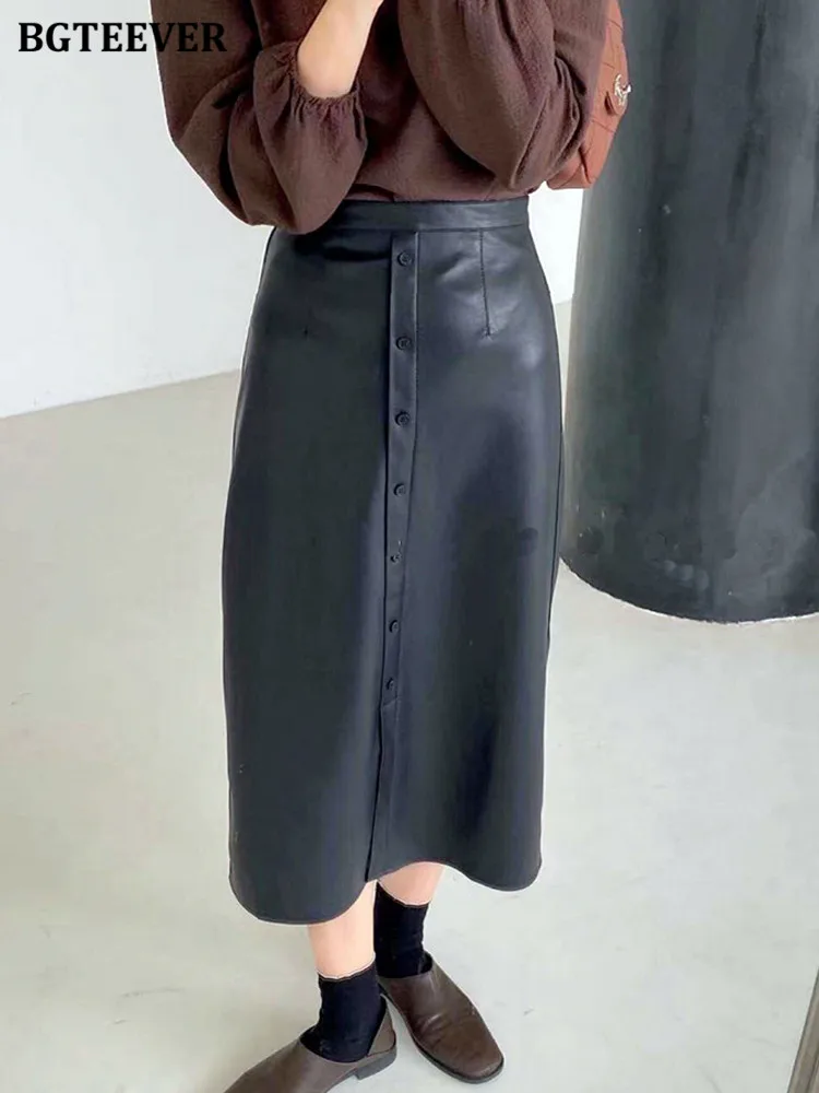 

BGTEEVER Stylish Loose PU Leather Skirts Women High Waist Single-breasted Straight Female Skirts Spring Autumn