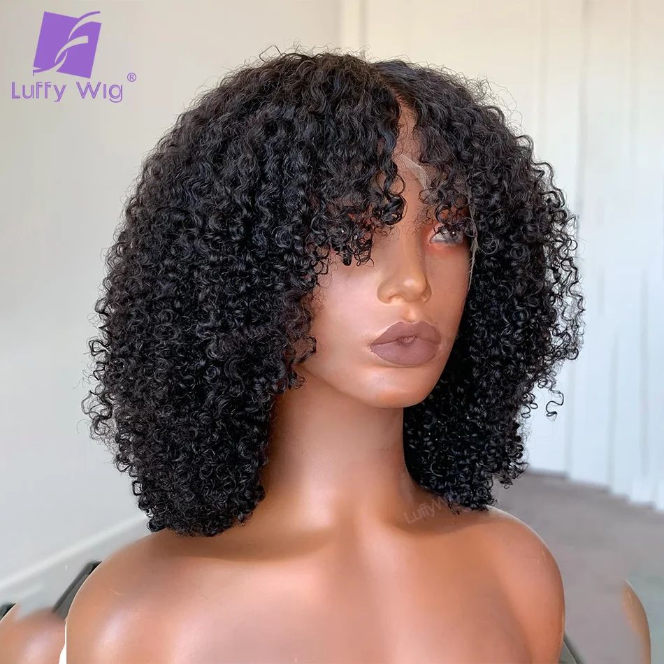 Afro Kinky Curly Human Hair Wig With Bangs Brazilian Remy Full Machine Made Human Hair Wig Glueless 180 Density For Black Women