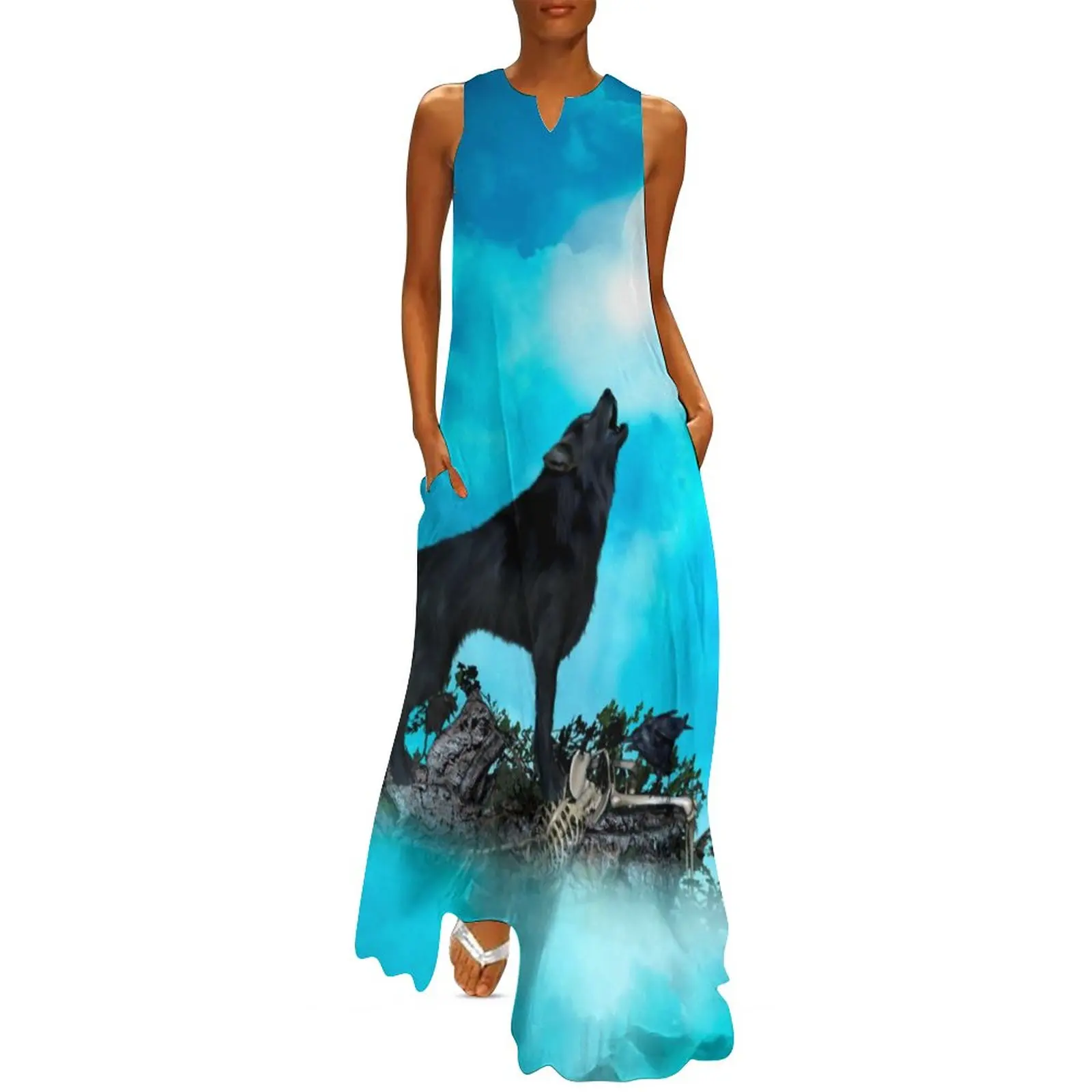 

Потрясающее летнее платье с волком, повседневные Длинные платья в уличном стиле с принтом ночи и Луны, женское винтажное платье макси больш...