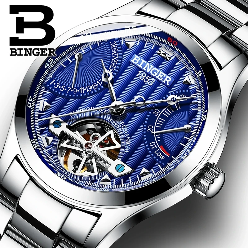 

BINGER Original Brand Watch Mens Automatic Mechanical Calendar Sapphire Glass Wristwatches Waterproof Energy relogio masculino