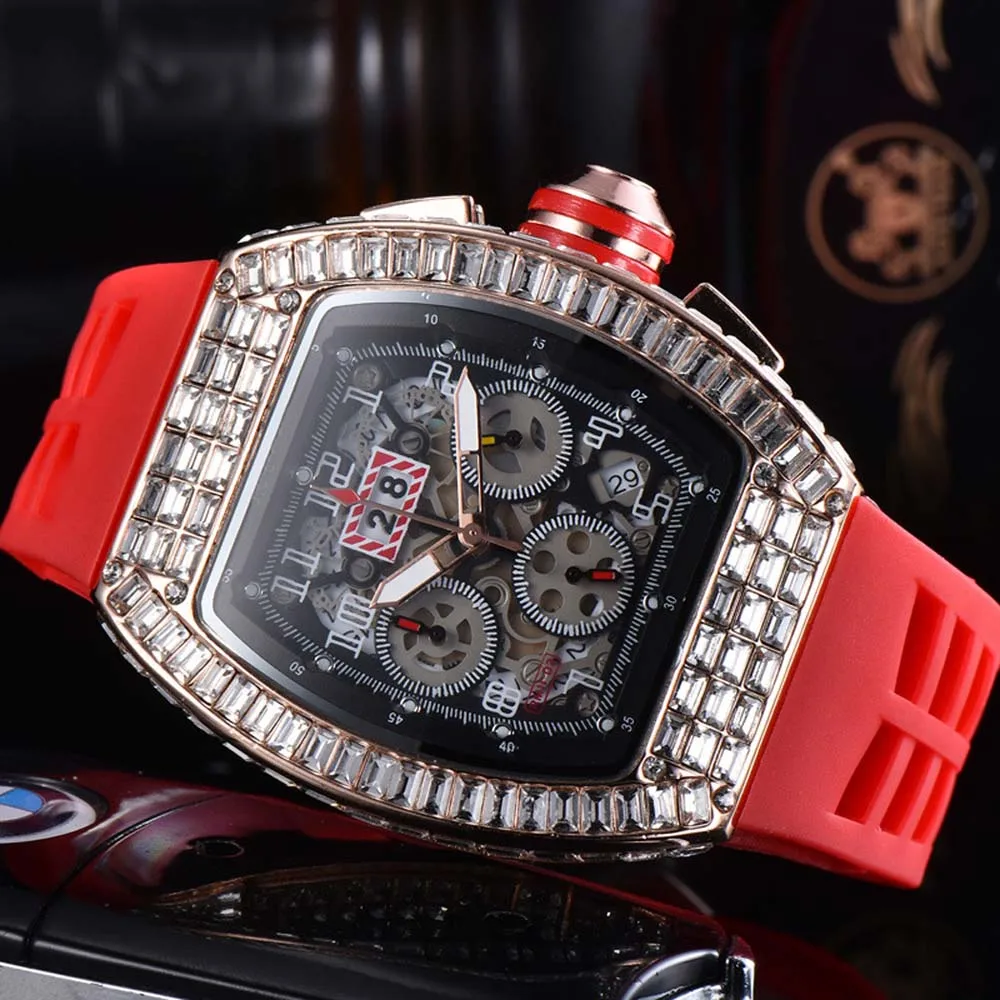 

Top Hip Hop Watches For Mens Multifunction WIth DIamond Tonneau Bling Watch Original Brand Automatic Date Chronograph AAA Clocks