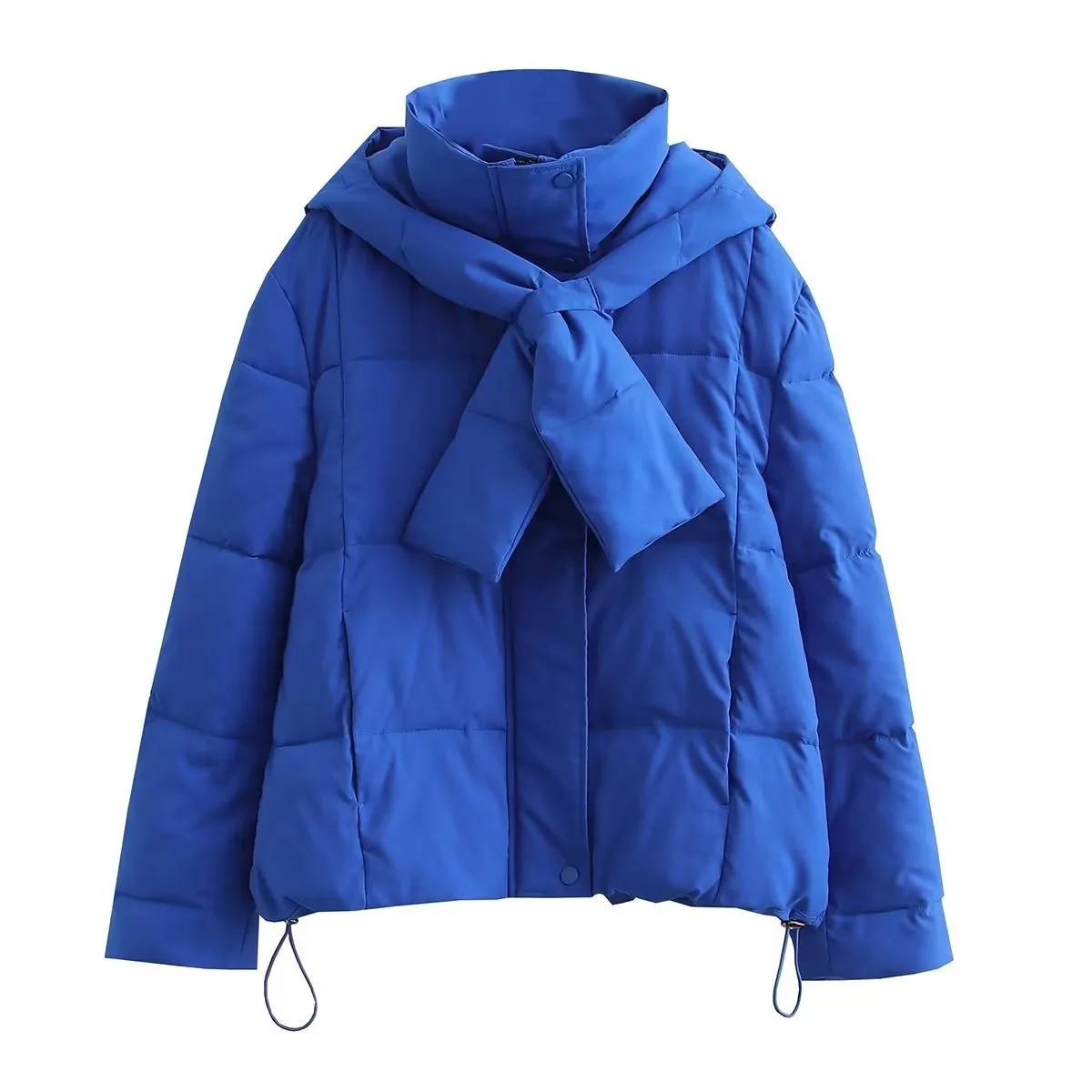 

Зимняя синяя куртка с воротником-стойкой и капюшоном из хлопка 2023, верхняя одежда, Женская Повседневная теплая Толстая парка с шарфом и хлопковой подкладкой на шнурке