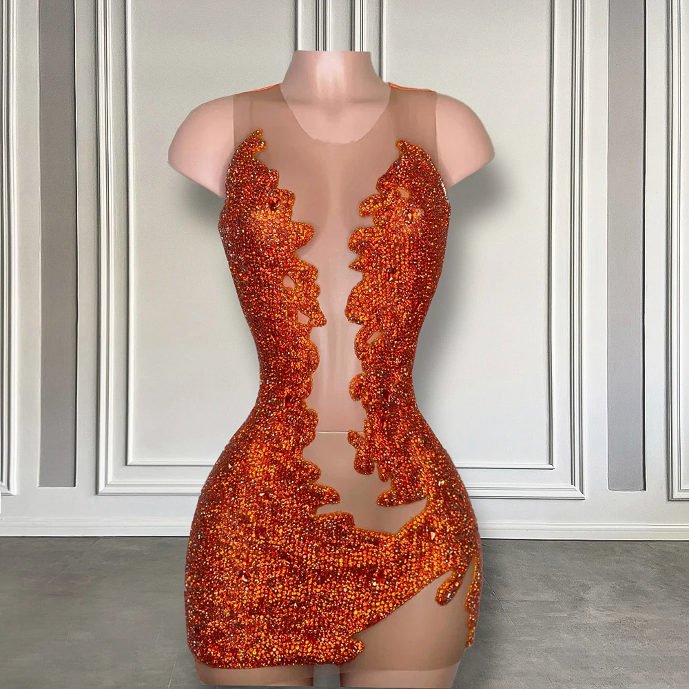 

Женское прозрачное коктейльное платье, прозрачное оранжевое платье с круглым вырезом и кристаллами, Черное короткое платье для выпускного ...