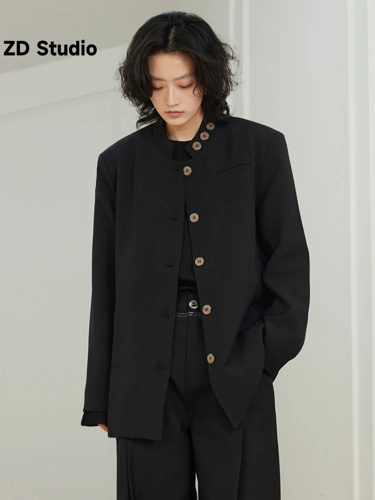

[ZD Studio] Women Black Size Shoulder Padded Button Blazer New Stand Collar Long Sleeve Jacket Spring Autumn 2023