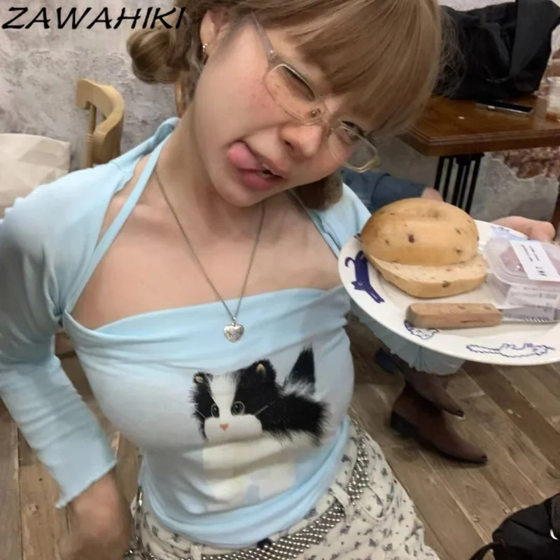 

High Street Graphics Blue Cropped Tops Women O Neck Sleeveless Print Y2K Slim Tank Tops Tee Shirts E-girl T Shirt Women