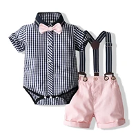 plaid romper for 3 24m baby boys formal toddler summer clothes cotton romper pink shorts with suspender children birthday outfit