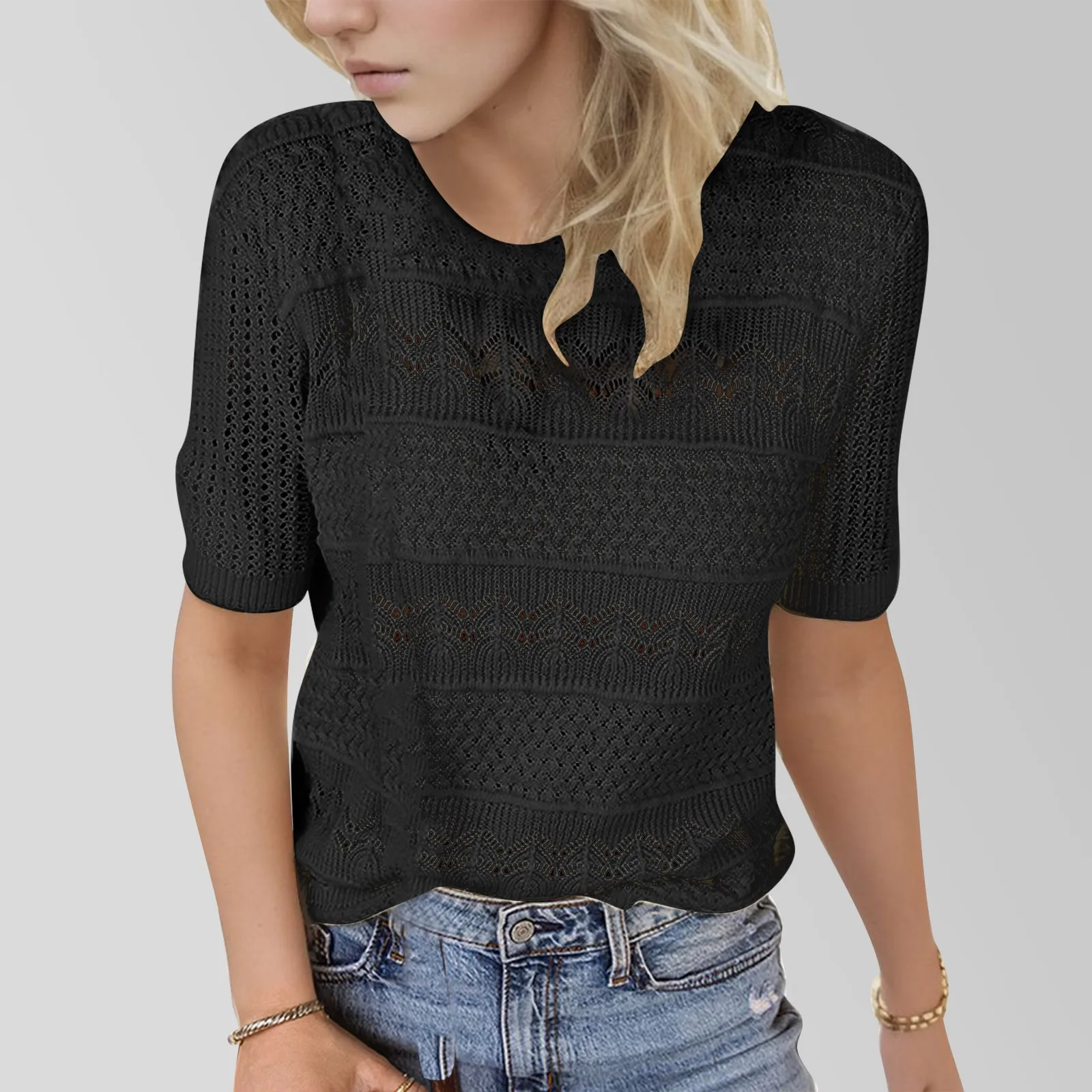 

Solid Color Knitted Women Shirts Slit Tops Loose Short Sleeve Side And Blouse Ribbed Basic Casual Elegant Floral Formal Blusas