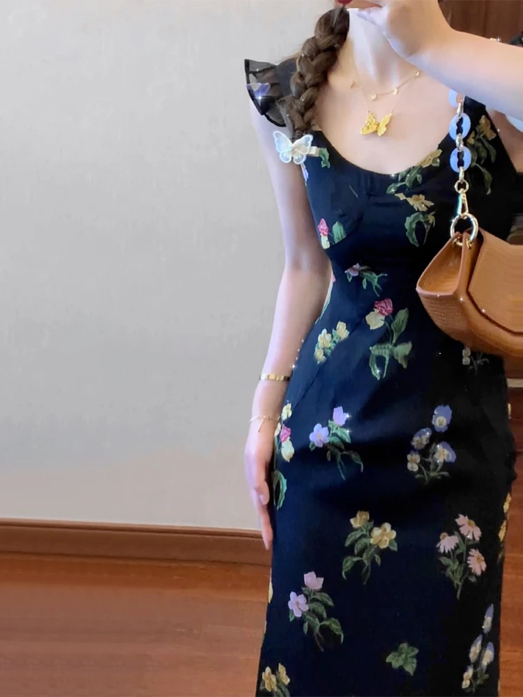 Женское платье с цветочным принтом маленькое во французском стиле длинным